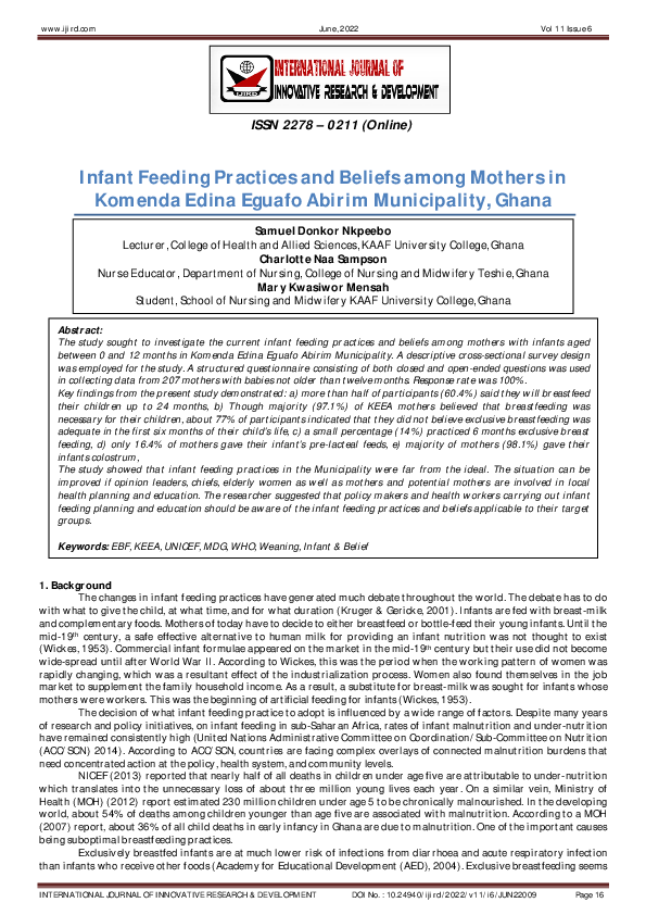 PDF) Caregivers Adherence to the WHO Breastfeeding Guideline and  Nutritional Status of Children under Five Years in Northern Region of Ghana  | Barman Dujin - Academia.edu