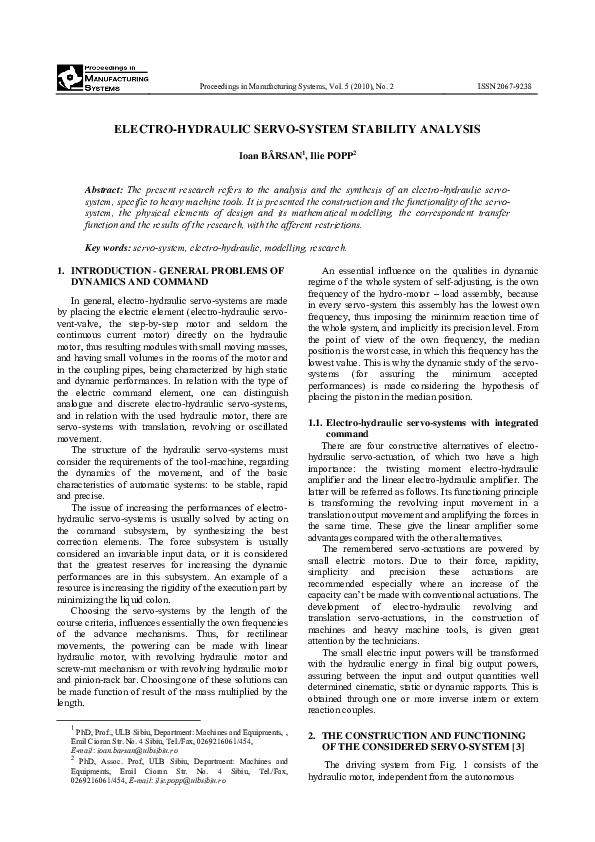 (PDF) ElectroHydraulic ServoSystem Stability Analysis Lutu Popp