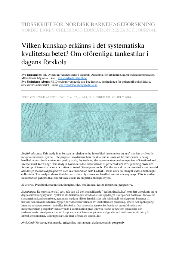 Vilken kunskap erkänns i det systematiska kvalitetsarbetet? Om oförenliga tankestilar i dagens förskola i dagens förskola