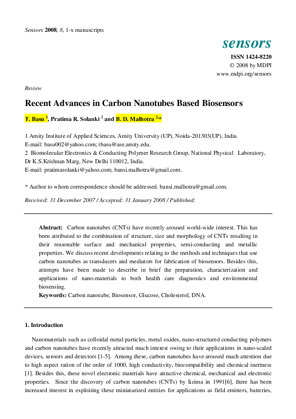 (PDF) Recent Advances in Carbon Nanotubes Based Biosensors