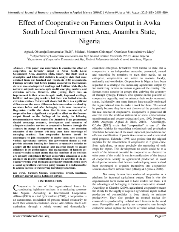 (PDF) Effect of Cooperative on Farmers Output in Awka South Local ...
