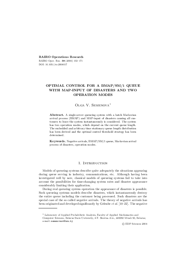 (PDF) Optimal control for a BMAP/SM/1 queue with MAP-input of disasters ...