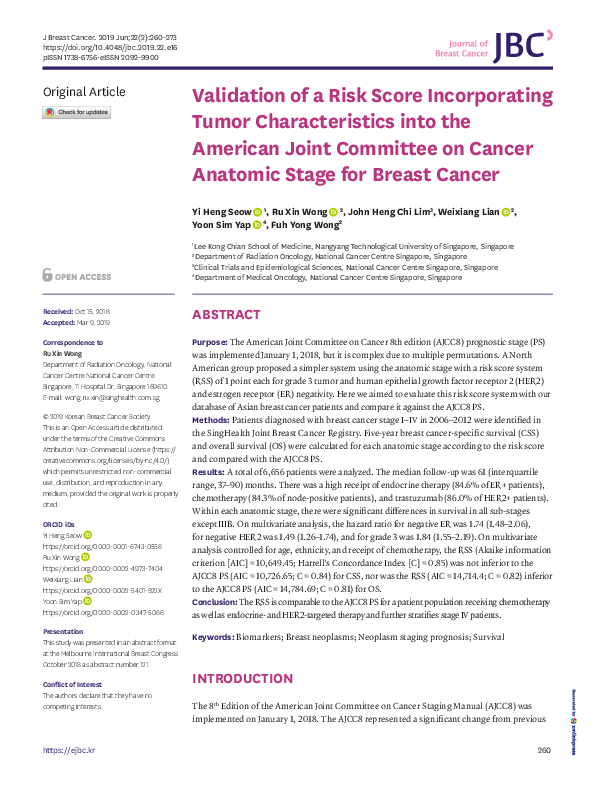 (PDF) Validation of a Risk Score Incorporating Tumor Characteristics ...