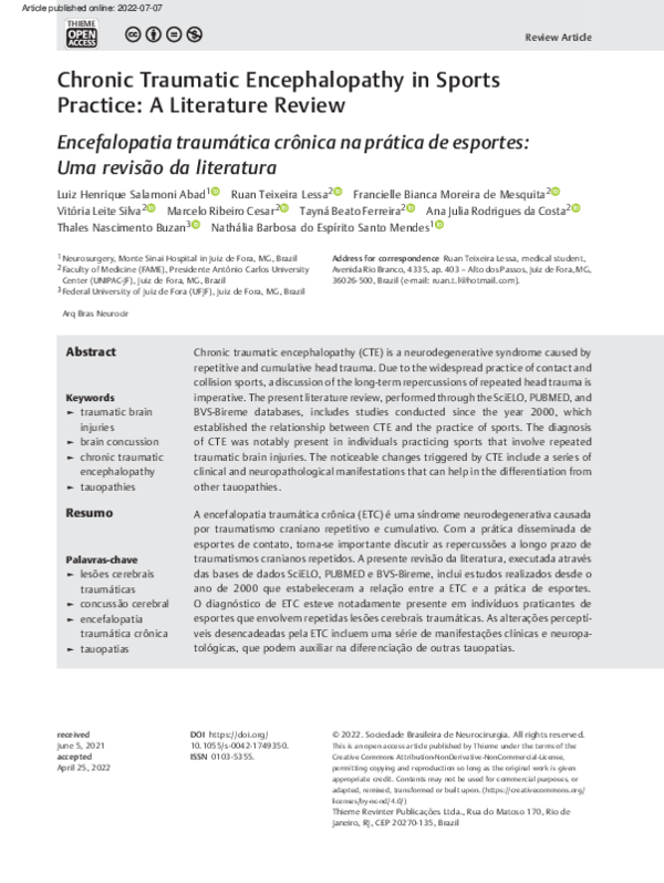 (PDF) Chronic Traumatic Encephalopathy in Sports Practice: A Literature ...