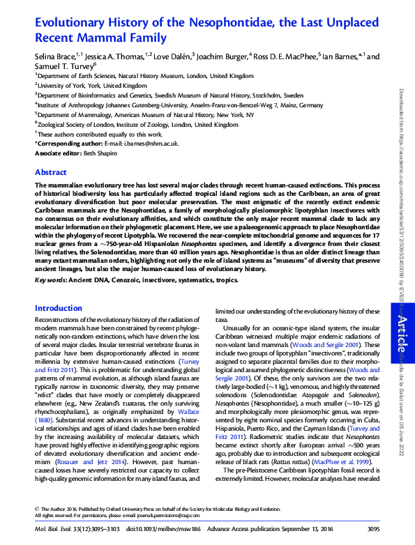 (PDF) Evolutionary history of the Nesophontidae, the last unplaced ...