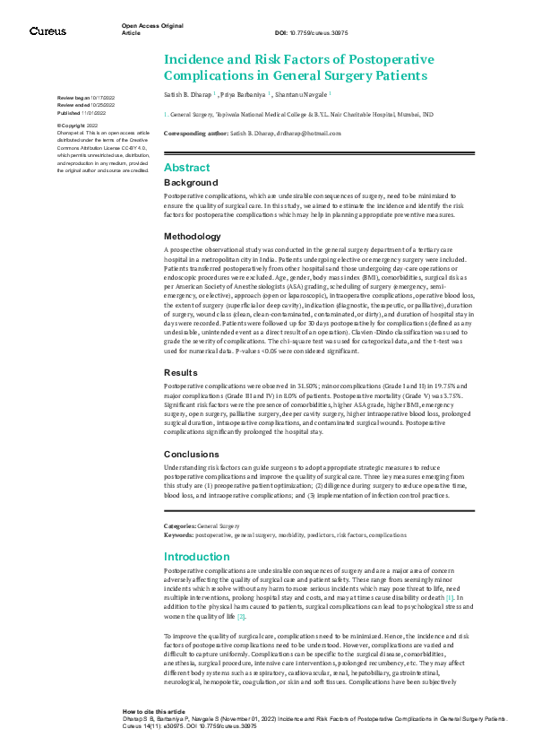 (PDF) Incidence and Risk Factors of Postoperative Complications in ...
