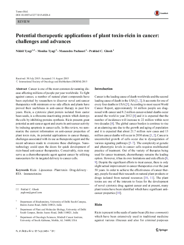 (PDF) Potential therapeutic applications of plant toxin-ricin in cancer ...