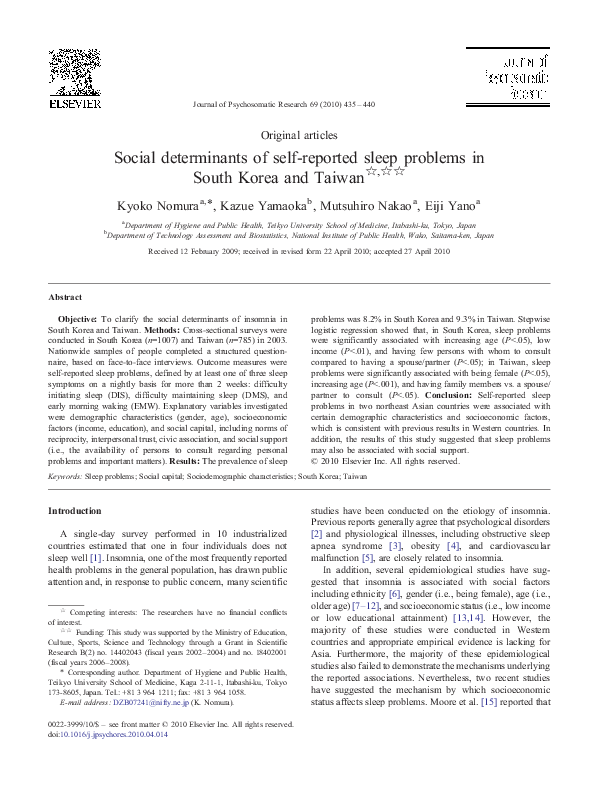 (PDF) Social determinants of self-reported sleep problems in South ...