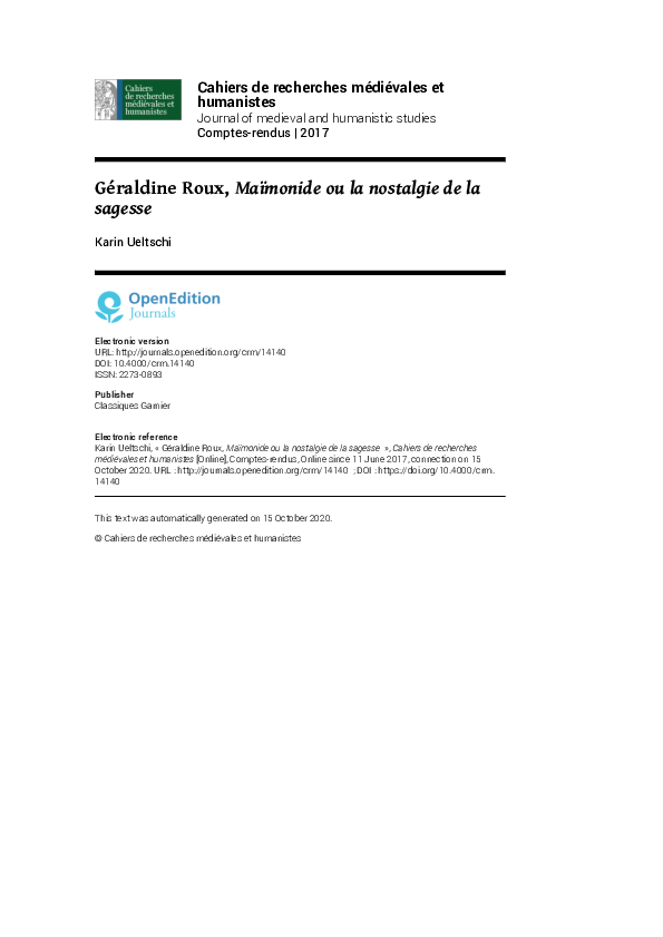 (PDF) Géraldine Roux, Maïmonide ou la nostalgie de la sagesse