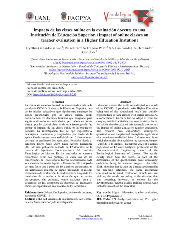 (PDF) Impacto de las clases online en la evaluación docente en una ...