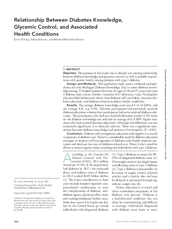 (PDF) Relationship Between Diabetes Knowledge, Glycemic Control, and ...