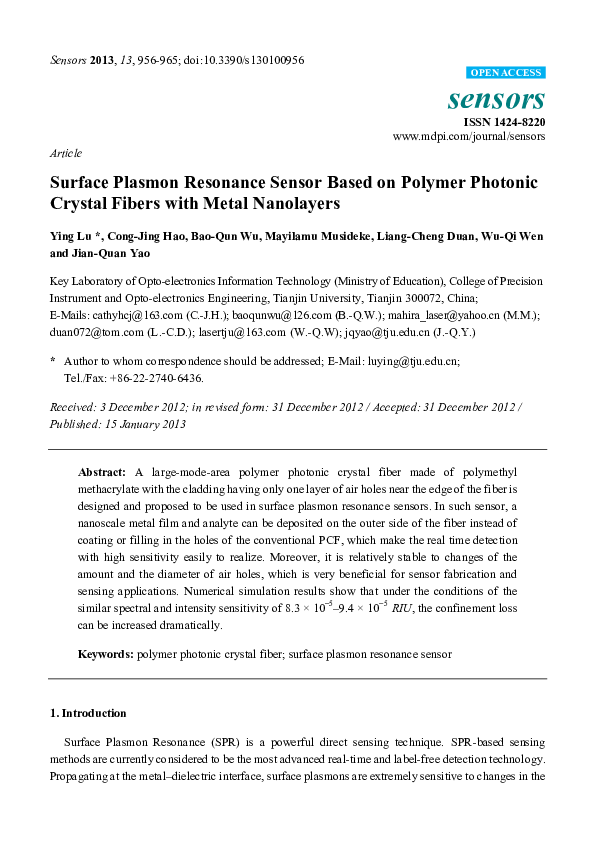 (PDF) Surface Plasmon Resonance Sensor Based on Polymer Photonic ...