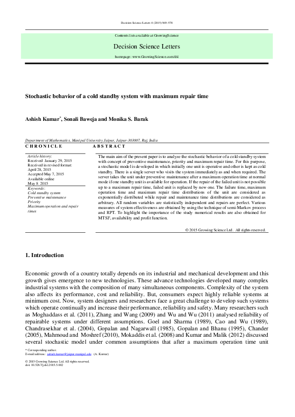(PDF) Stochastic behavior of a cold standby system with maximum repair time