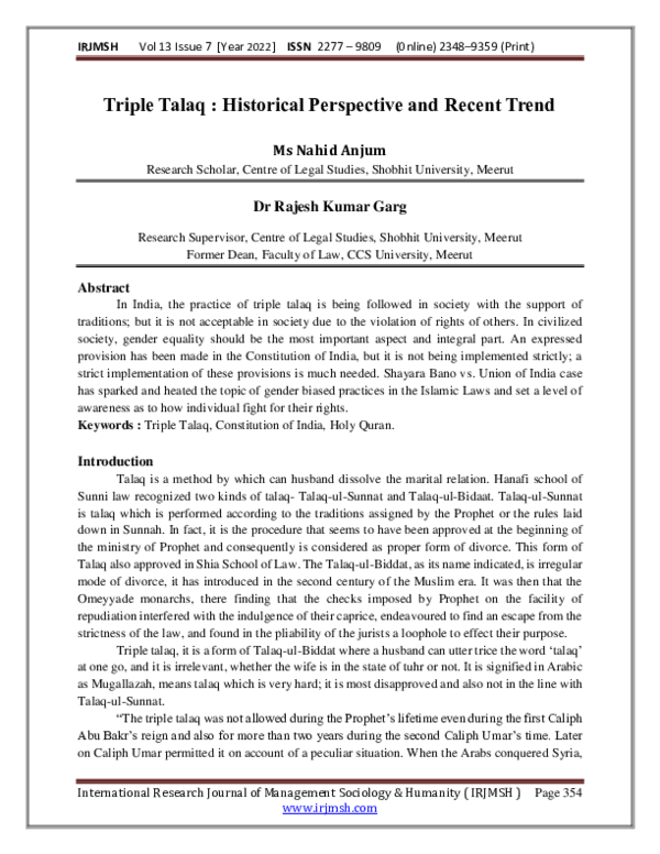 (PDF) Triple Talaq : Historical Perspective and Recent Trend