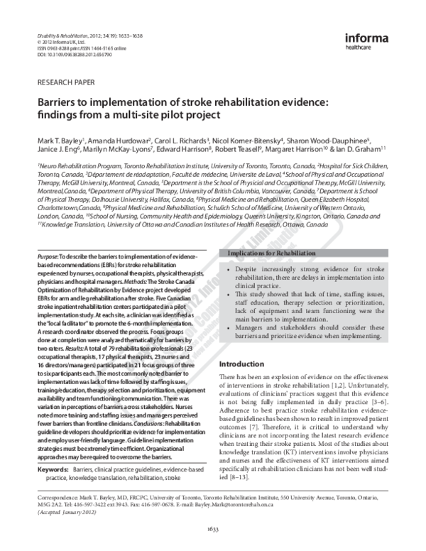 (PDF) Barriers to implementation of stroke rehabilitation evidence ...