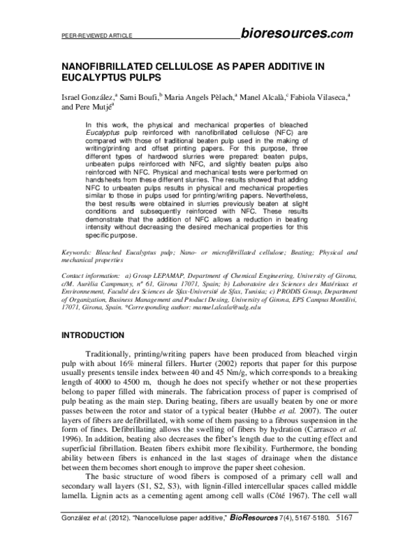 (PDF) Nanofibrillated Cellulose as Paper Additive in Eucalyptus Pulps
