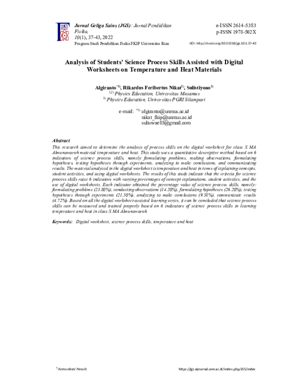 (PDF) Analysis of Students' Science Process Skills Assisted with ...