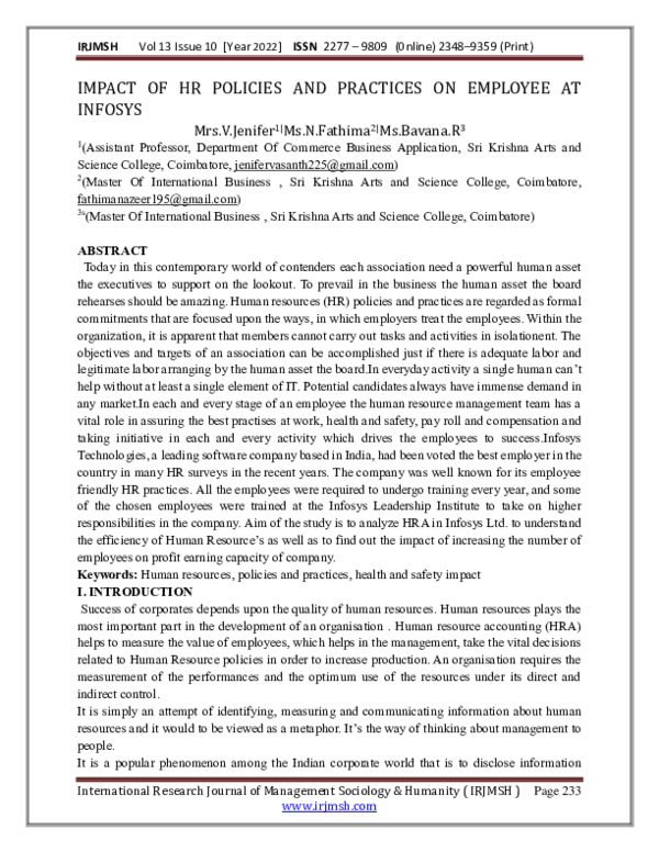 (PDF) IMPACT OF HR POLICIES AND PRACTICES ON EMPLOYEE AT INFOSYS International Res Jour Managt