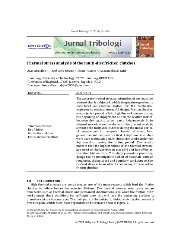 (PDF) Thermal stress analysis of the multi-disc friction clutches