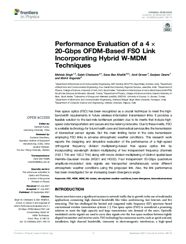 (PDF) Performance Evaluation of a 4 × 20-Gbps OFDM-Based FSO Link ...