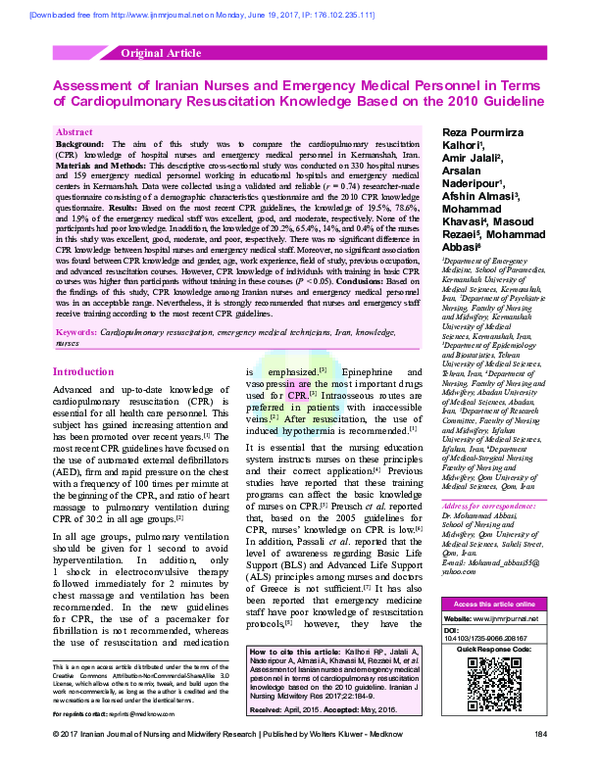 (PDF) Assessment of Iranian Nurses and Emergency Medical Personnel in ...