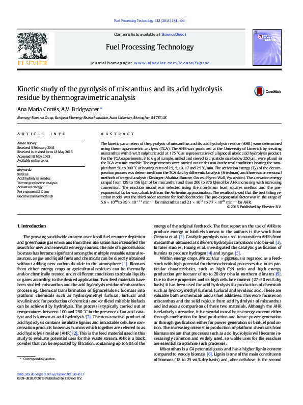 (PDF) Kinetic study of the pyrolysis of miscanthus and its acid ...