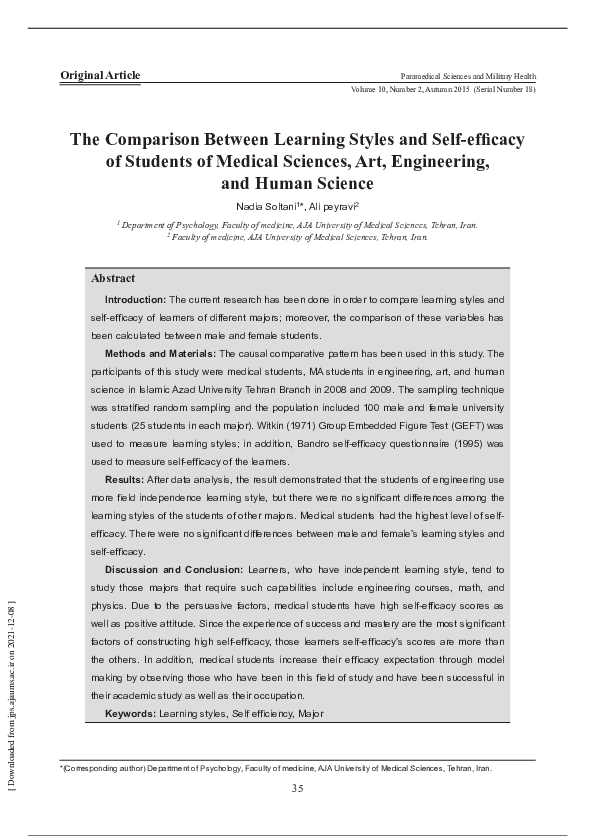 (PDF) The Comparison Between Learning Styles and Self-efficacy of ...