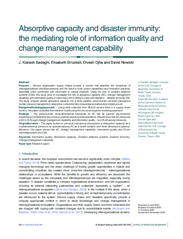 (PDF) Absorptive capacity and disaster immunity: the mediating role of ...