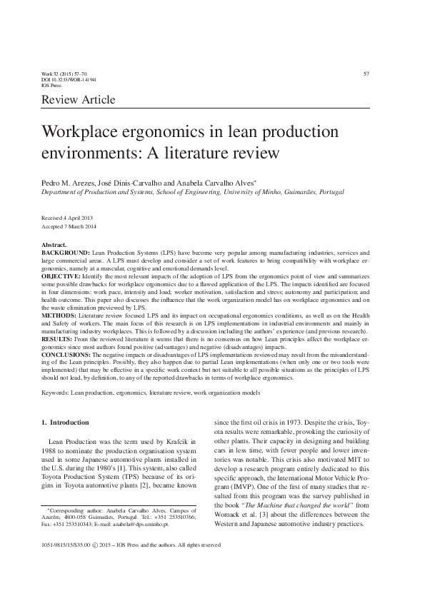 (PDF) Workplace ergonomics in lean production environments A