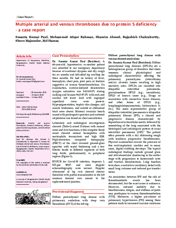 (PDF) Multiple arterial and venous thromboses due to protein S ...