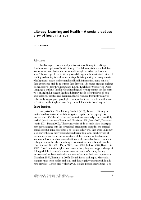 (PDF) Literacy, Learning and Health – A social practices view of health ...