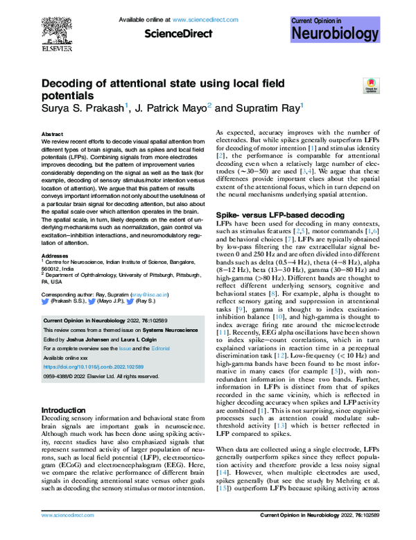 (PDF) Decoding of attentional state using local field potentials