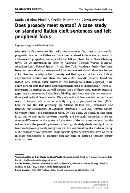 (PDF) Does prosody meet syntax? A case study on standard Italian cleft ...