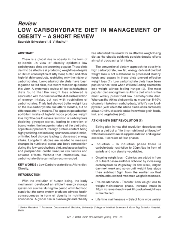 (PDF) Low Carbohydrate Diet in Management of Obesity - A Short Review