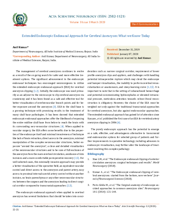 (PDF) Extended Endoscopic Endonasal Approach for Cerebral Aneurysm ...