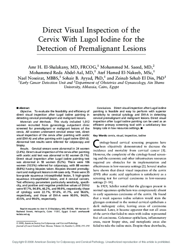 (PDF) Direct Visual Inspection of the Cervix With Lugol Iodine for the ...