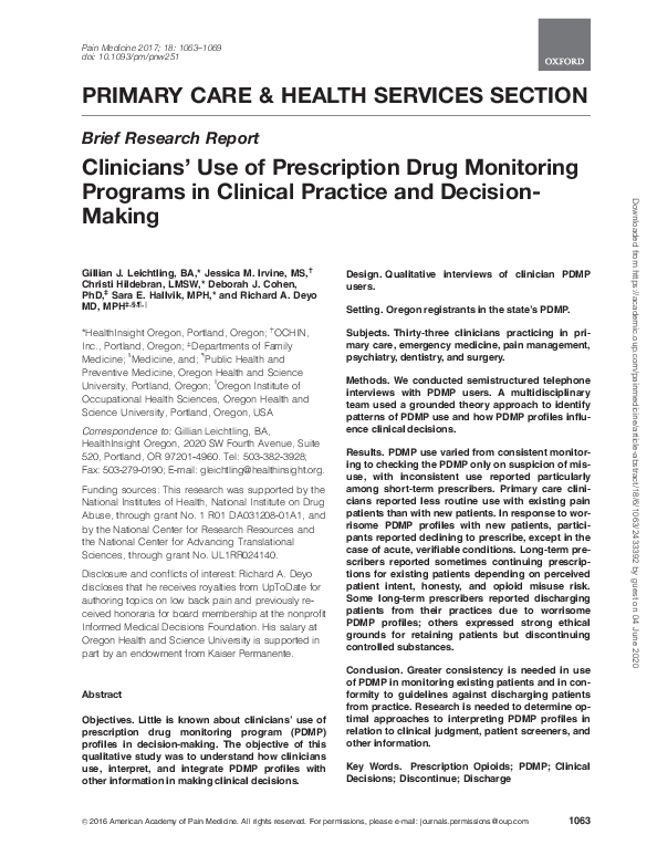 (PDF) Clinicians' Use of Prescription Drug Monitoring Programs in ...