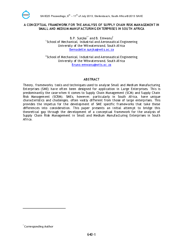 (PDF) A Conceptual Framework For The Analysis Of Supply Chain Risk ...