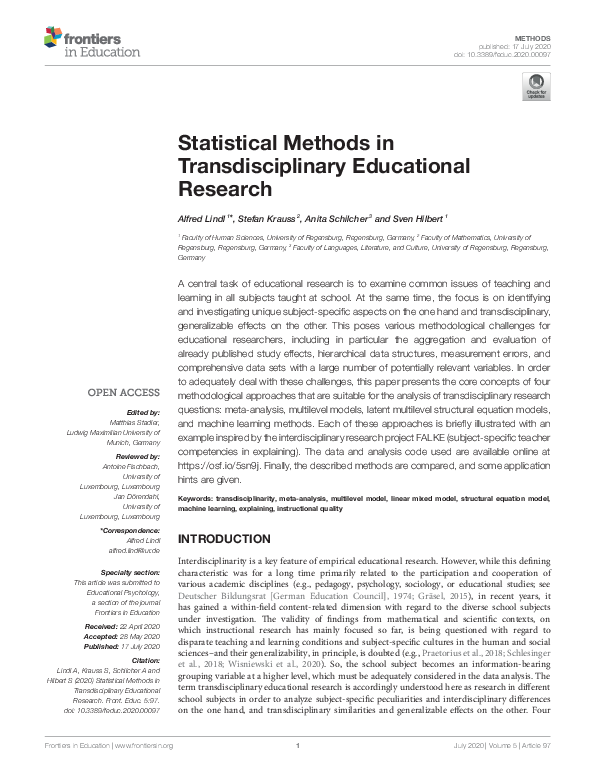 (PDF) Statistical Methods in Transdisciplinary Educational Research