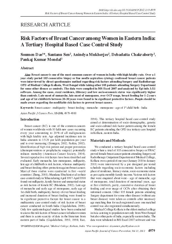 (PDF) Risk Factors of Breast Cancer among Women in Eastern India: A ...