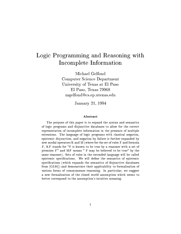 (PDF) Logic programming and reasoning with incomplete information