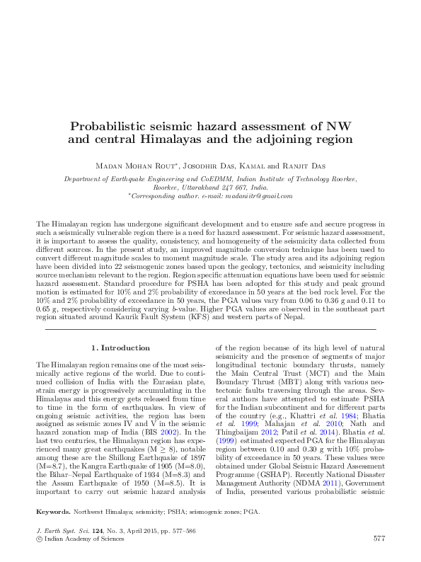 (PDF) Probabilistic seismic hazard assessment of NW and central ...