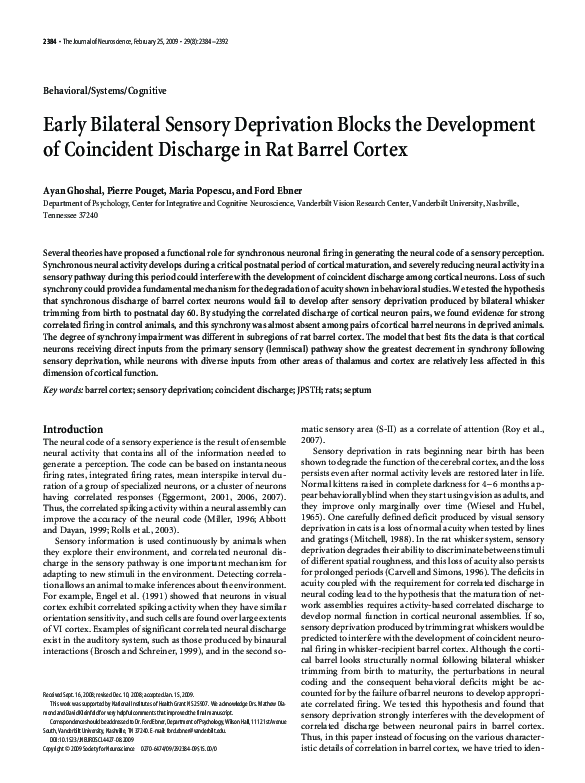 Early Bilateral Sensory Deprivation Blocks the Development of Coincident Discharge in Rat Barrel Cortex