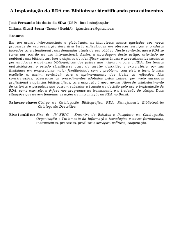 (PDF) A Implantação Da Rda Em Biblioteca: Identificando Procedimentos