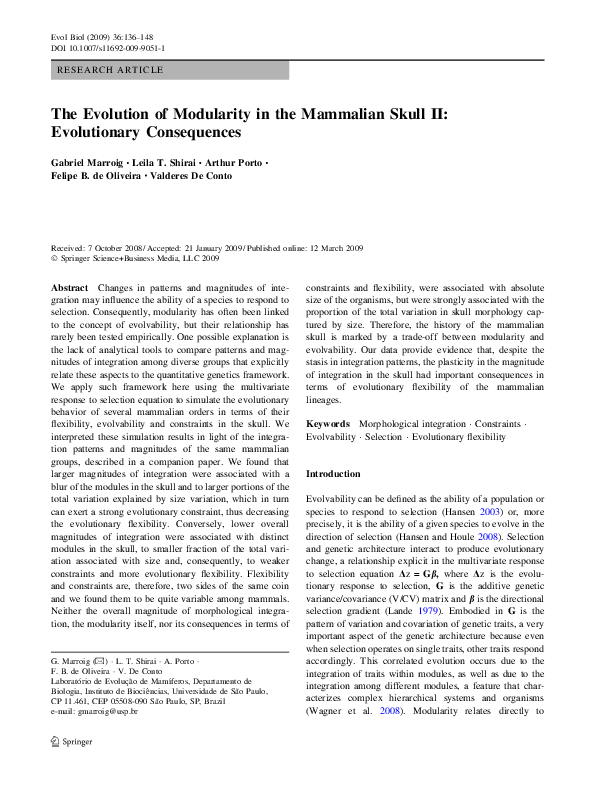 (PDF) The Evolution of Modularity in the Mammalian Skull II ...