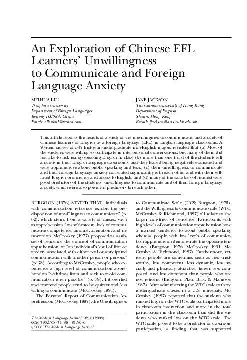 (PDF) An Exploration of Chinese EFL Learners' Unwillingness to ...