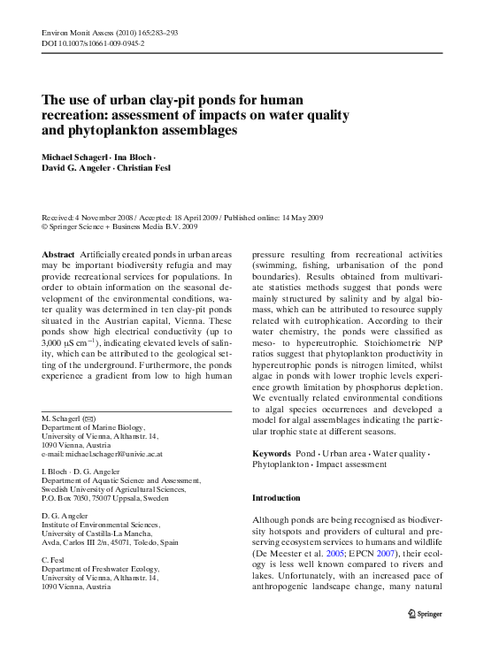 (PDF) The use of urban clay-pit ponds for human recreation: assessment ...