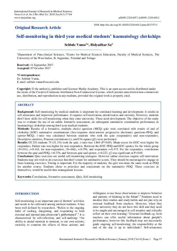 Self-monitoring in third year medical students’ haematology clerkships