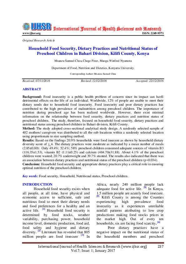 (PDF) Household Food Security , Dietary Practices and Nutritional ...