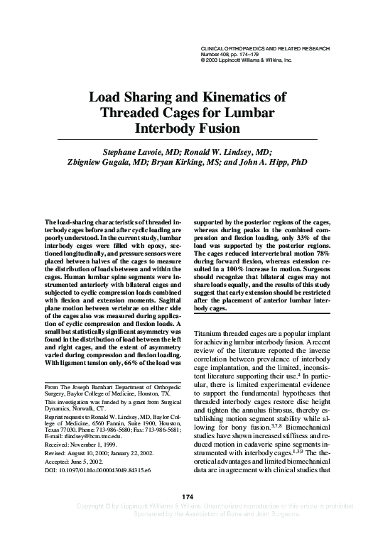 (PDF) Load Sharing and Kinematics of Threaded Cages for Lumbar ...